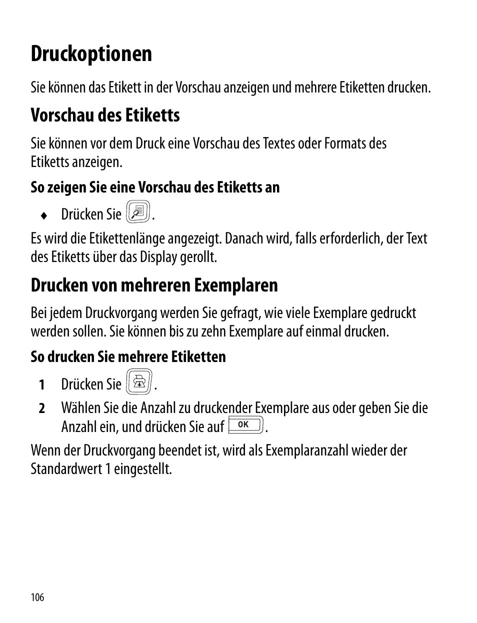 Druckoptionen, Vorschau des etiketts, Drucken von mehreren exemplaren | Dymo LabelManager 260P User Manual | Page 106 / 114