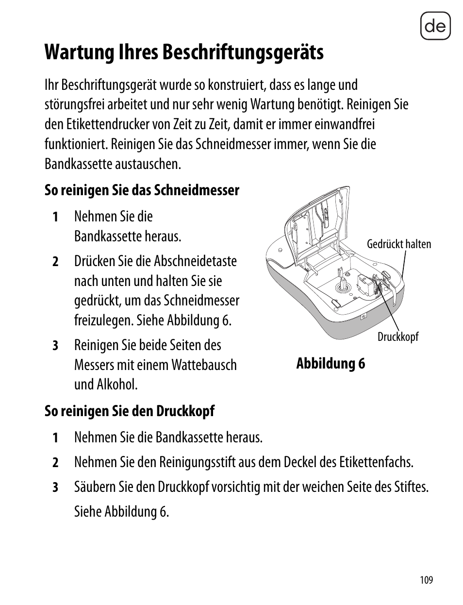 Wartung ihres beschriftungsgeräts | Dymo LabelManager 260P User Manual | Page 109 / 114