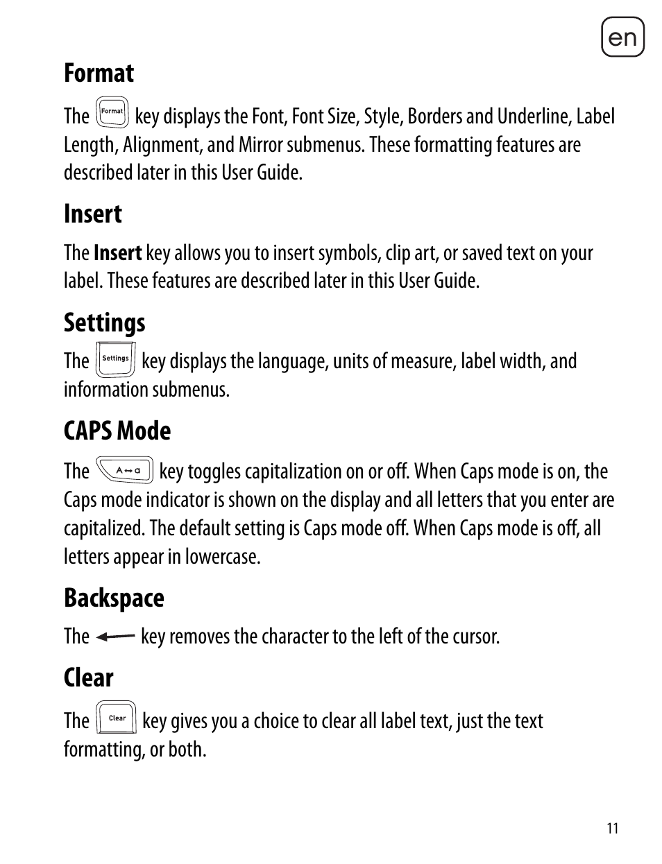 Format, Insert, Settings | Caps mode, Backspace, Clear, Format insert settings caps mode backspace clear | Dymo LabelManager 260P User Manual | Page 11 / 114