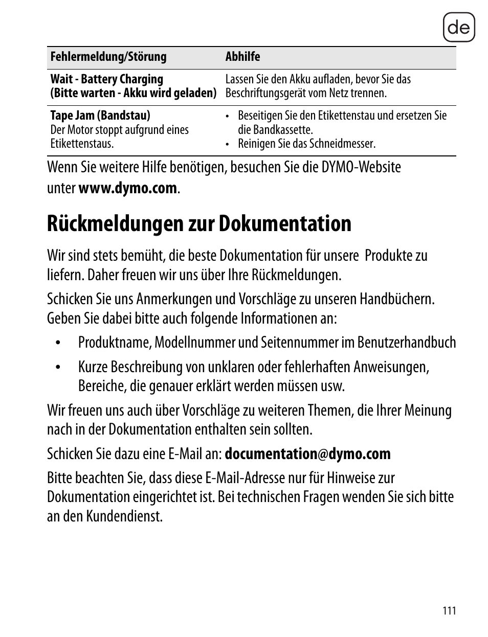 Rückmeldungen zur dokumentation | Dymo LabelManager 260P User Manual | Page 111 / 114