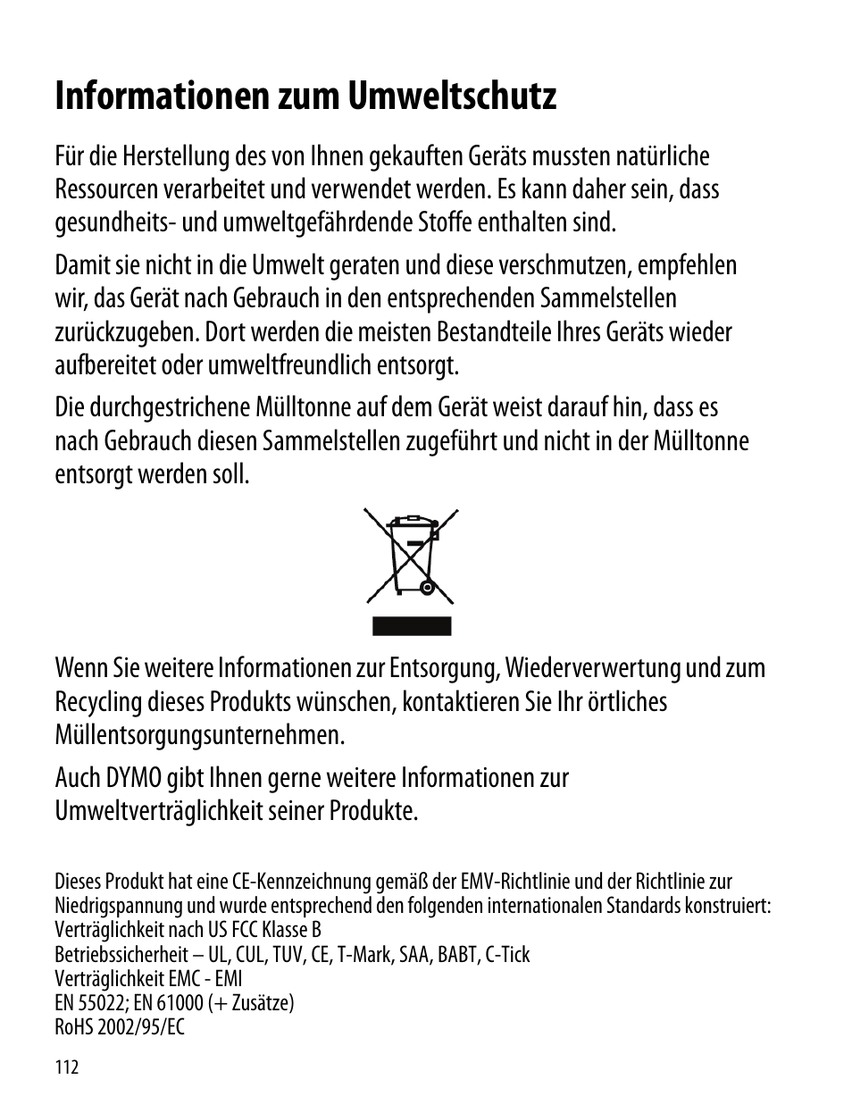Informationen zum umweltschutz | Dymo LabelManager 260P User Manual | Page 112 / 114