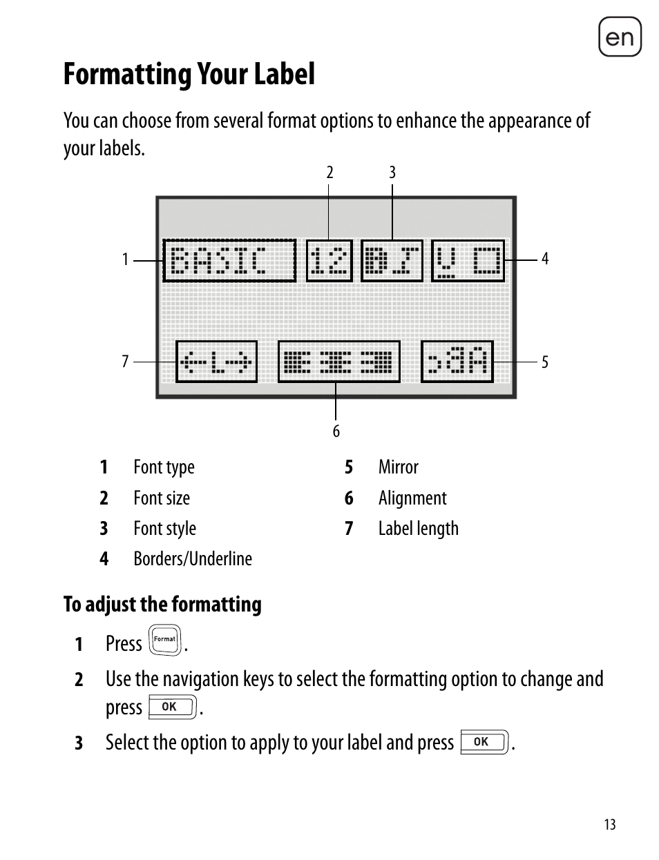 Formatting your label | Dymo LabelManager 260P User Manual | Page 13 / 114