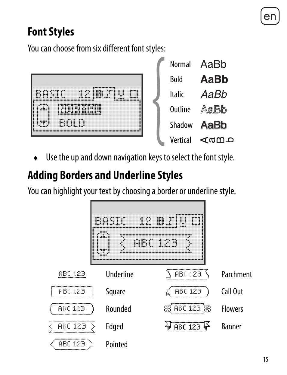 Font styles, Adding borders and underline styles, Font styles adding borders and underline styles | Dymo LabelManager 260P User Manual | Page 15 / 114