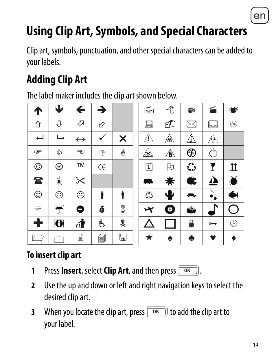 Using clip art, symbols, and special characters, Adding clip art | Dymo LabelManager 260P User Manual | Page 19 / 114