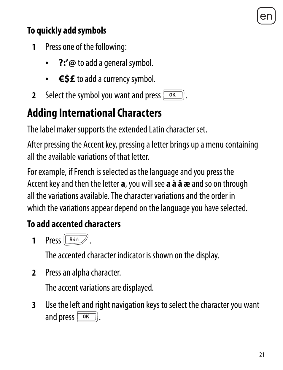 Adding international characters | Dymo LabelManager 260P User Manual | Page 21 / 114