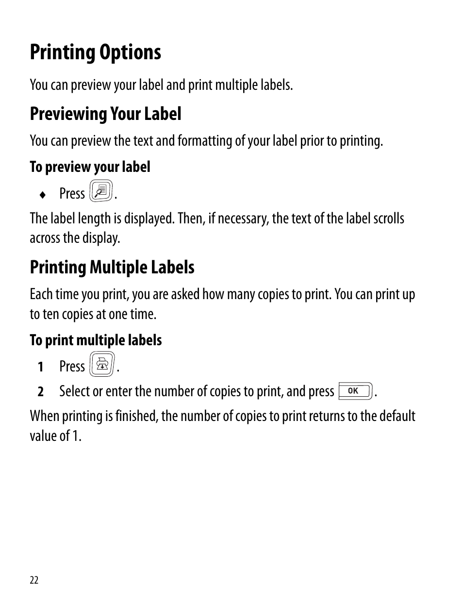 Printing options, Previewing your label, Printing multiple labels | Previewing your label printing multiple labels | Dymo LabelManager 260P User Manual | Page 22 / 114
