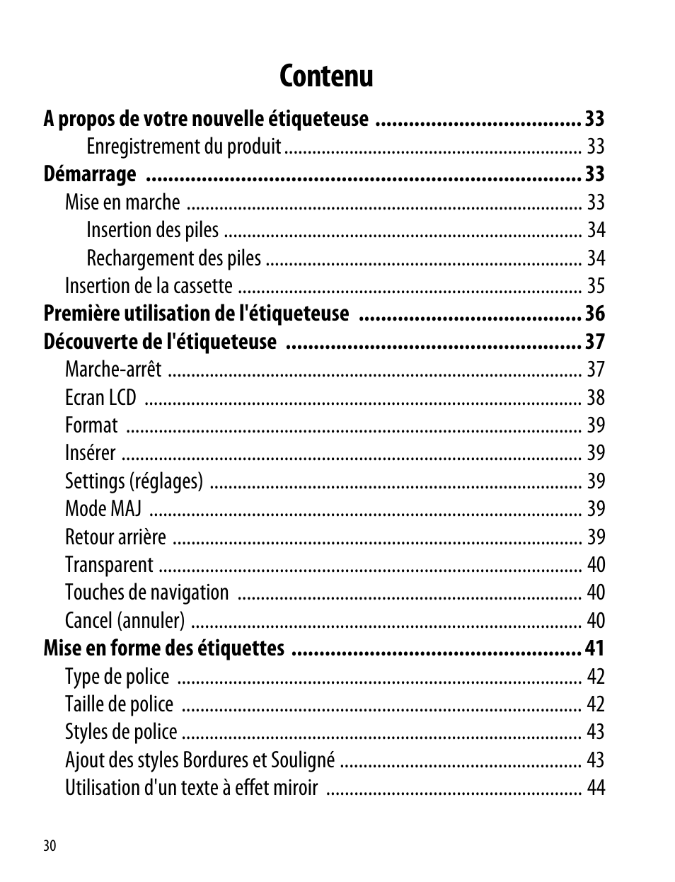 Lm260p_userguide_fr, Contenu | Dymo LabelManager 260P User Manual | Page 30 / 114