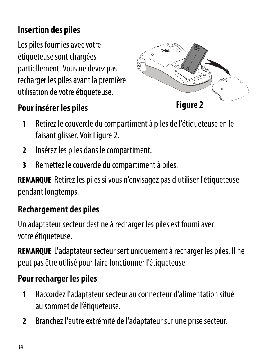 Insertion des piles, Rechargement des piles, Insertion des piles rechargement des piles | Dymo LabelManager 260P User Manual | Page 34 / 114