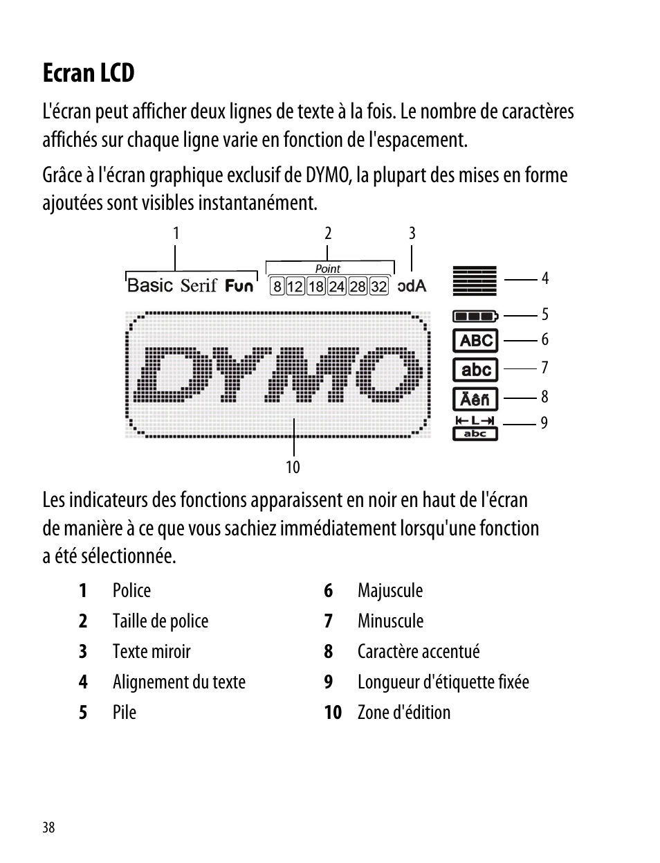 Ecran lcd | Dymo LabelManager 260P User Manual | Page 38 / 114