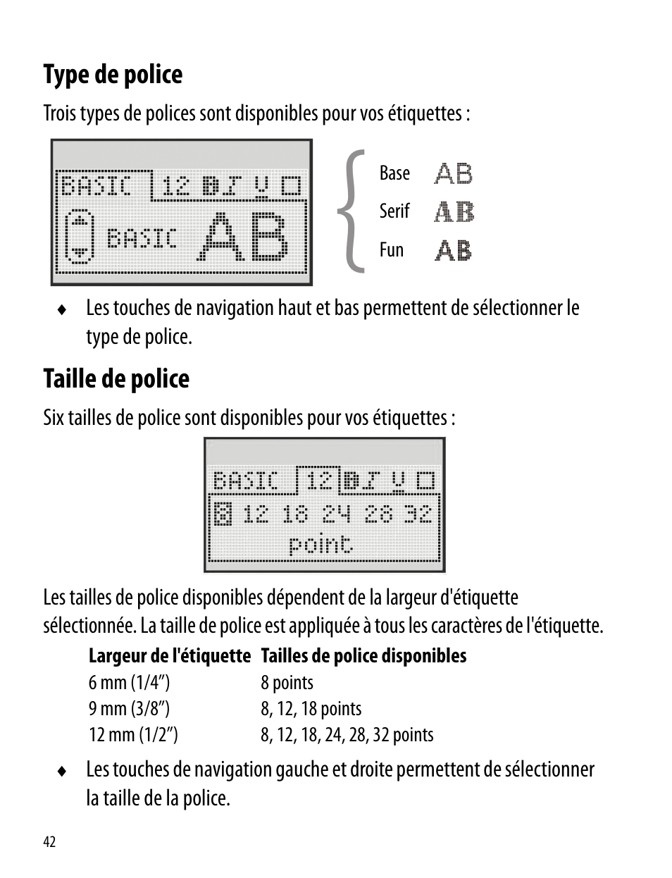 Type de police, Taille de police, Type de police taille de police | Dymo LabelManager 260P User Manual | Page 42 / 114