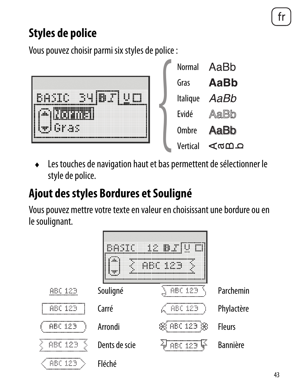 Styles de police, Ajout des styles bordures et souligné | Dymo LabelManager 260P User Manual | Page 43 / 114