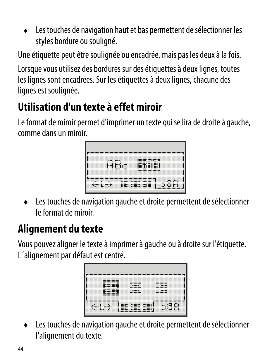 Utilisation d'un texte à effet miroir, Alignement du texte | Dymo LabelManager 260P User Manual | Page 44 / 114