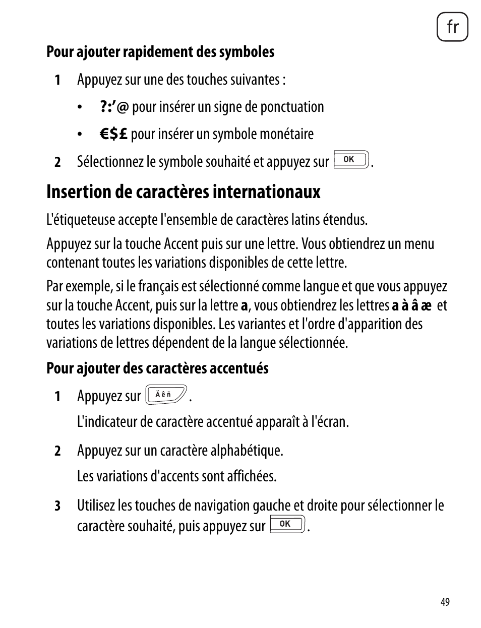 Insertion de caractères internationaux | Dymo LabelManager 260P User Manual | Page 49 / 114