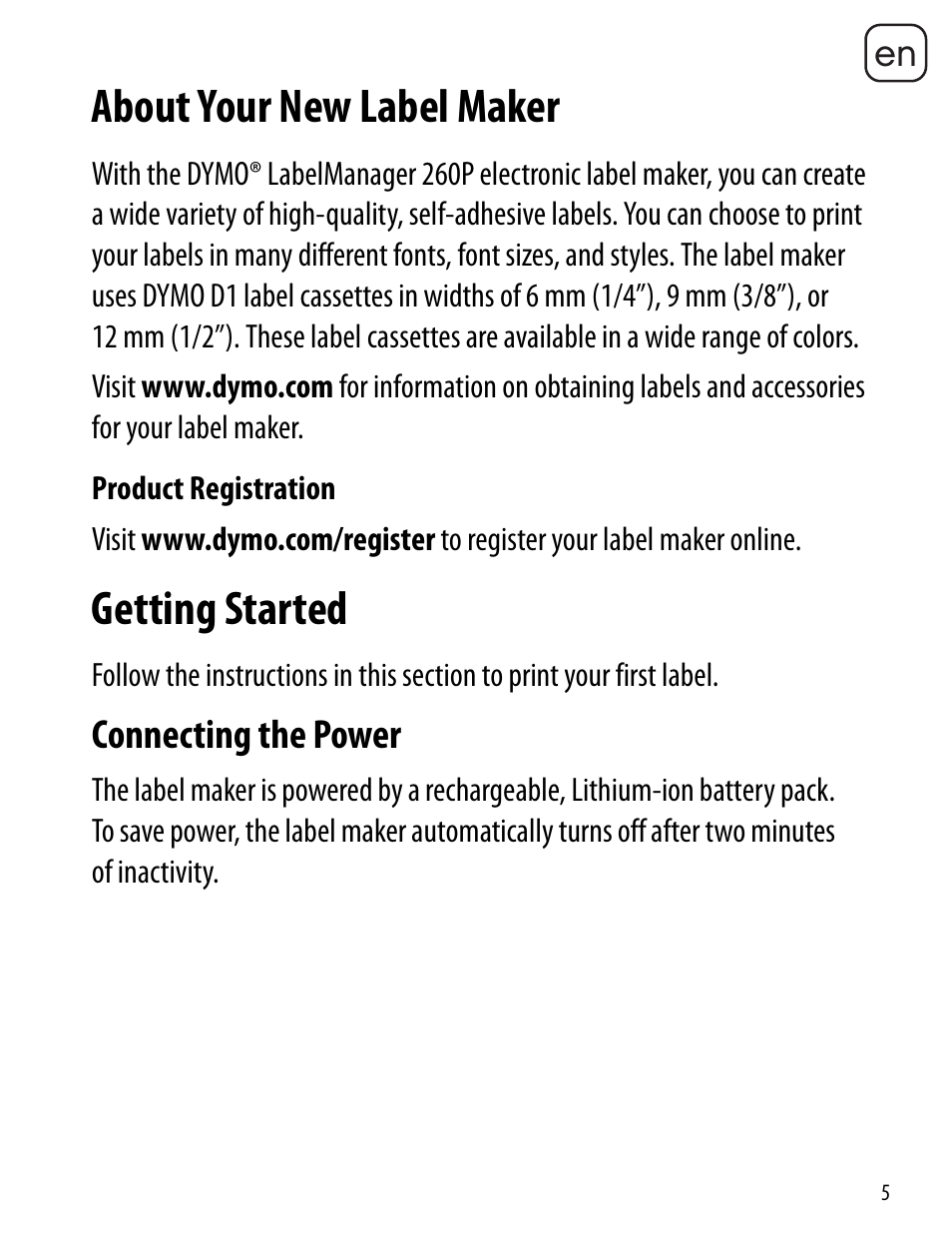 About your new label maker, Product registration, Getting started | Connecting the power | Dymo LabelManager 260P User Manual | Page 5 / 114