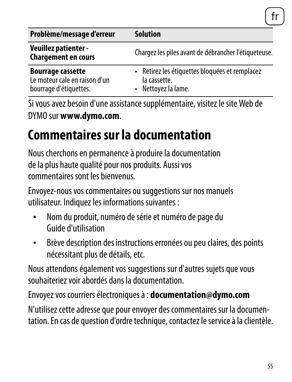 Commentaires sur la documentation | Dymo LabelManager 260P User Manual | Page 55 / 114