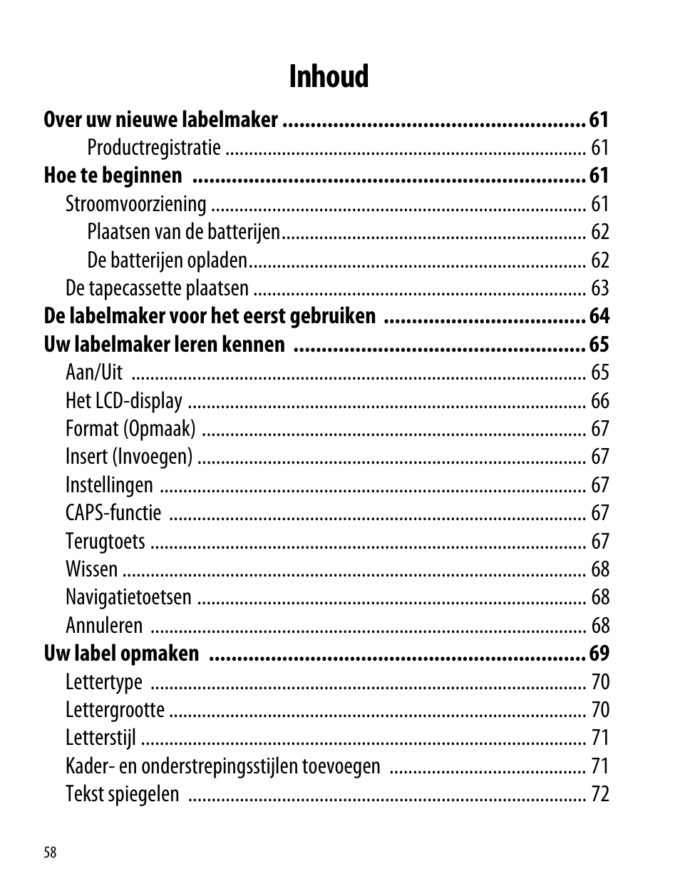 Lm260p_userguide_nl, Inhoud | Dymo LabelManager 260P User Manual | Page 58 / 114