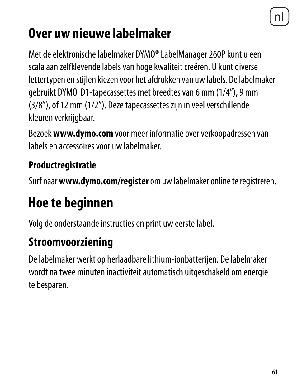 Over uw nieuwe labelmaker, Productregistratie, Hoe te beginnen | Stroomvoorziening | Dymo LabelManager 260P User Manual | Page 61 / 114