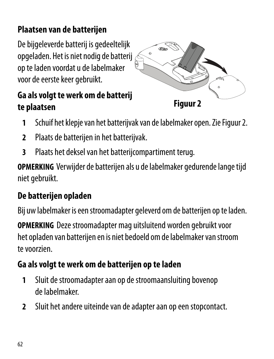 Plaatsen van de batterijen, De batterijen opladen, Plaatsen van de batterijen de batterijen opladen | Dymo LabelManager 260P User Manual | Page 62 / 114