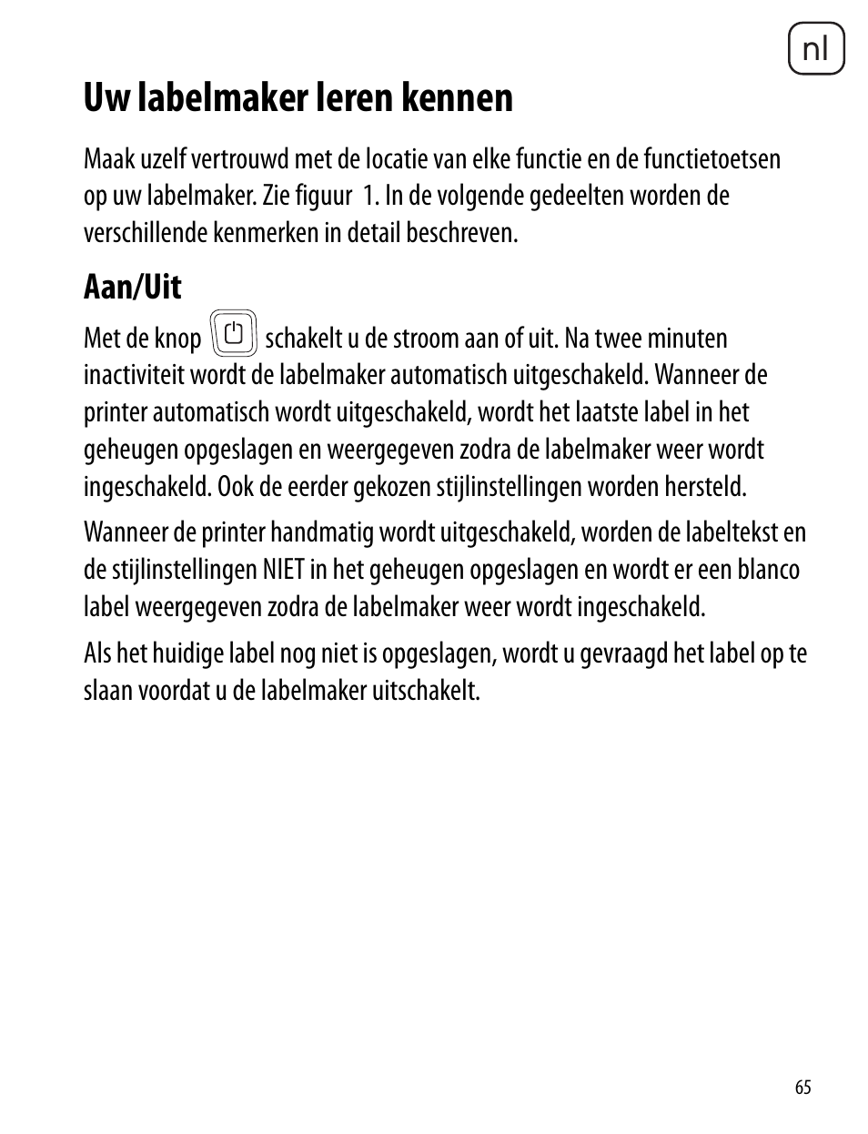 Uw labelmaker leren kennen, Aan/uit | Dymo LabelManager 260P User Manual | Page 65 / 114