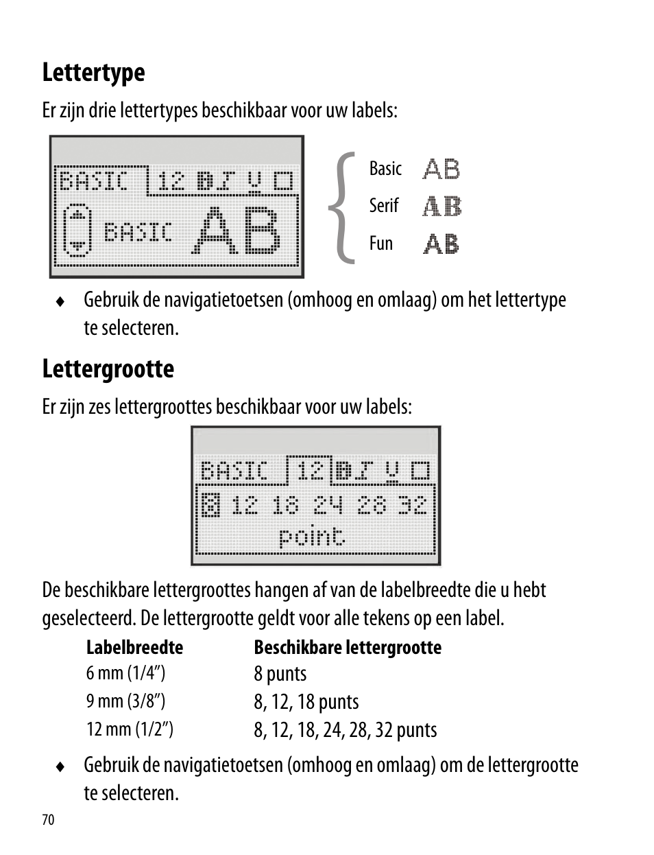 Lettertype, Lettergrootte, Lettertype lettergrootte | Dymo LabelManager 260P User Manual | Page 70 / 114