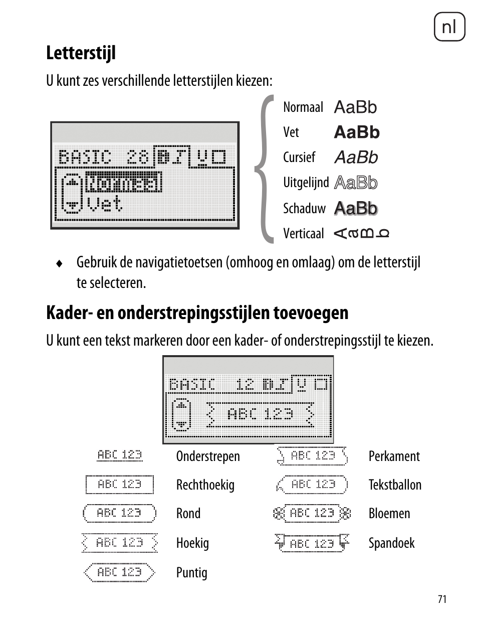 Letterstijl, Kader- en onderstrepingsstijlen toevoegen | Dymo LabelManager 260P User Manual | Page 71 / 114