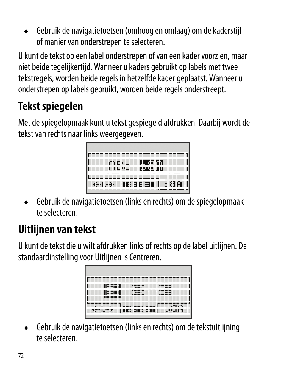 Tekst spiegelen, Uitlijnen van tekst | Dymo LabelManager 260P User Manual | Page 72 / 114