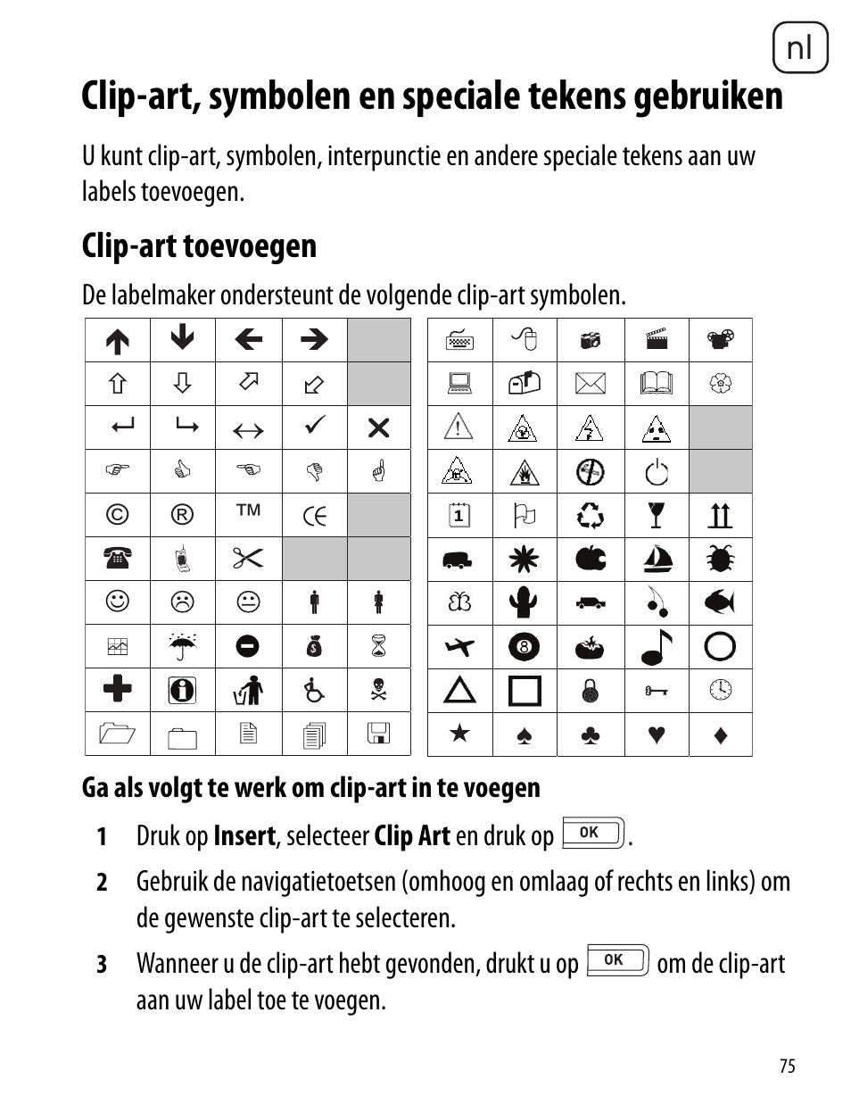Clip-art, symbolen en speciale tekens gebruiken, Clip-art toevoegen | Dymo LabelManager 260P User Manual | Page 75 / 114