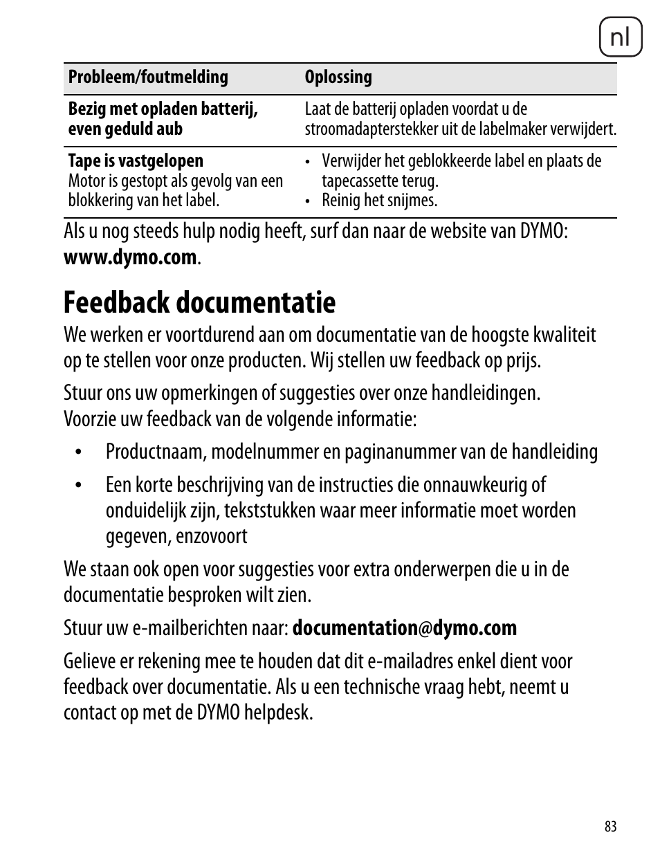 Feedback documentatie | Dymo LabelManager 260P User Manual | Page 83 / 114