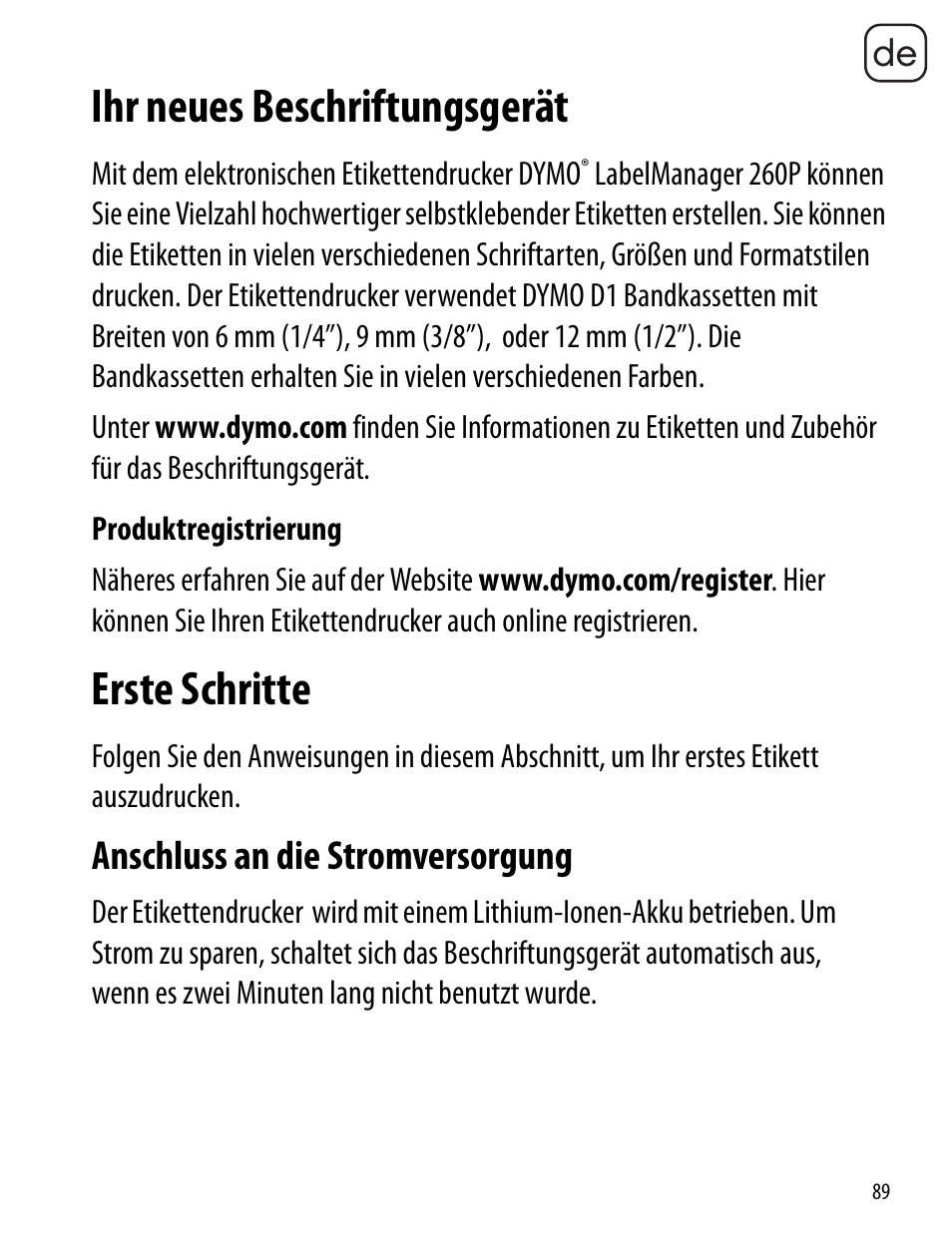 Ihr neues beschriftungsgerät, Produktregistrierung, Erste schritte | Anschluss an die stromversorgung | Dymo LabelManager 260P User Manual | Page 89 / 114
