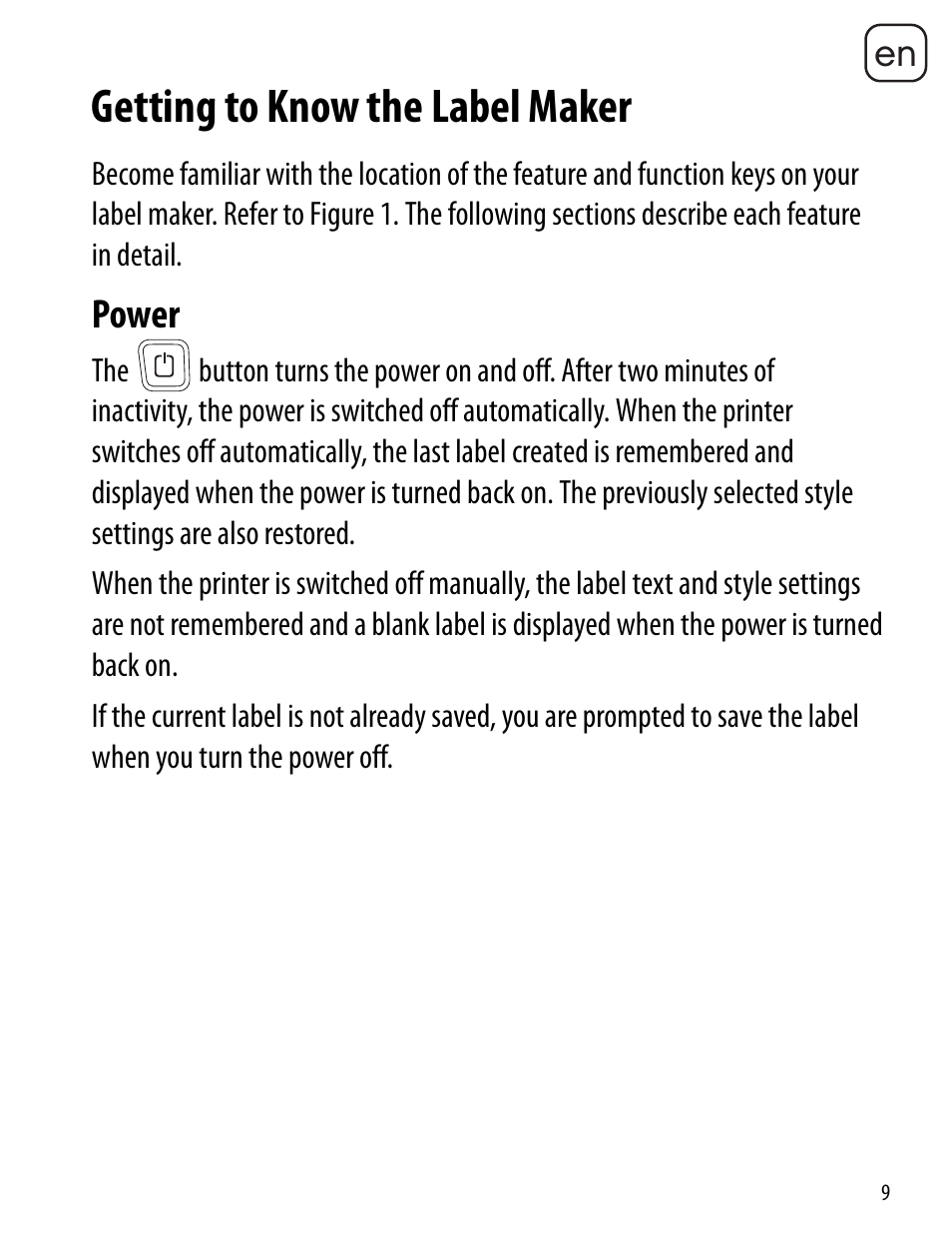 Getting to know the label maker, Power | Dymo LabelManager 260P User Manual | Page 9 / 114