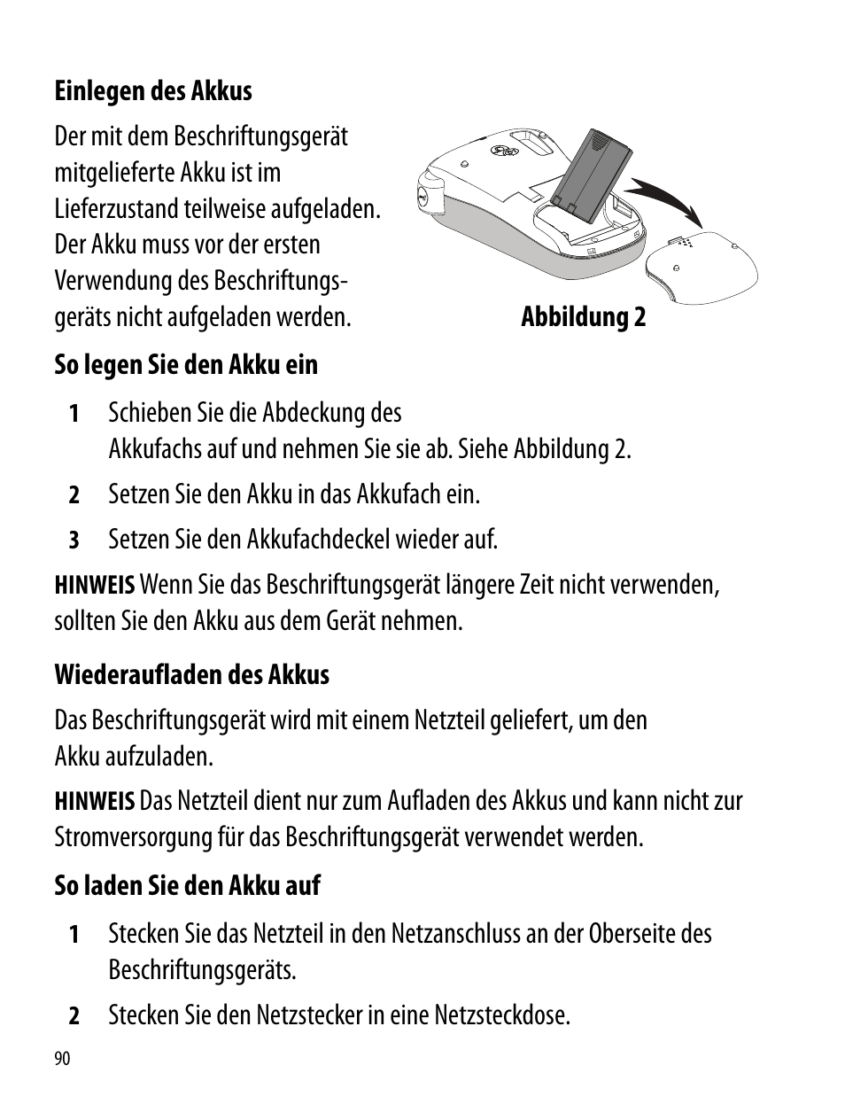 Einlegen des akkus, Wiederaufladen des akkus, Einlegen des akkus wiederaufladen des akkus | Dymo LabelManager 260P User Manual | Page 90 / 114