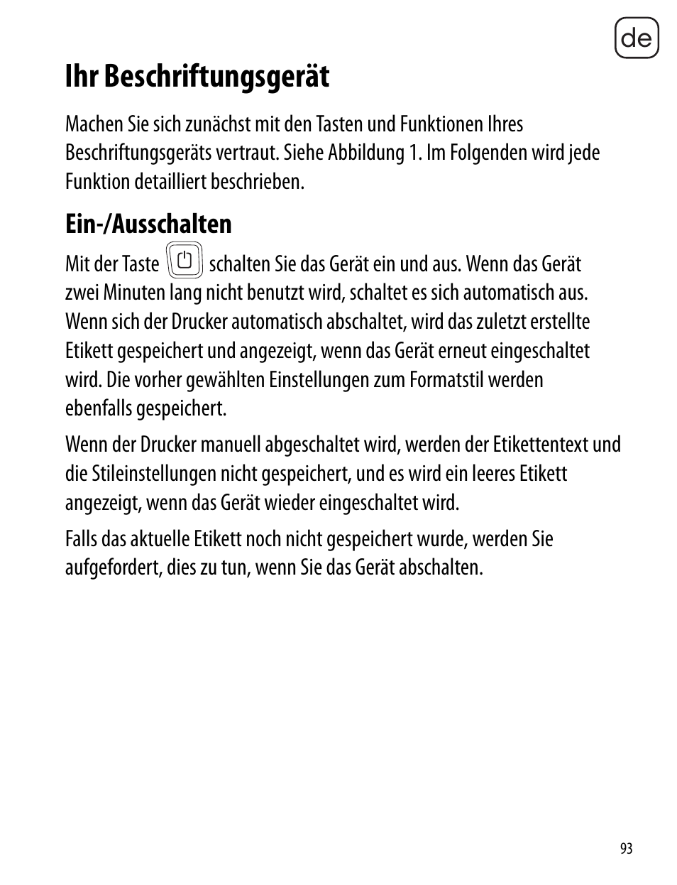 Ihr beschriftungsgerät, Ein-/ausschalten | Dymo LabelManager 260P User Manual | Page 93 / 114