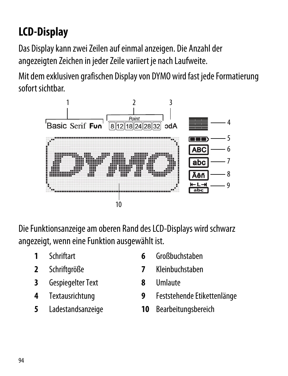Lcd-display | Dymo LabelManager 260P User Manual | Page 94 / 114
