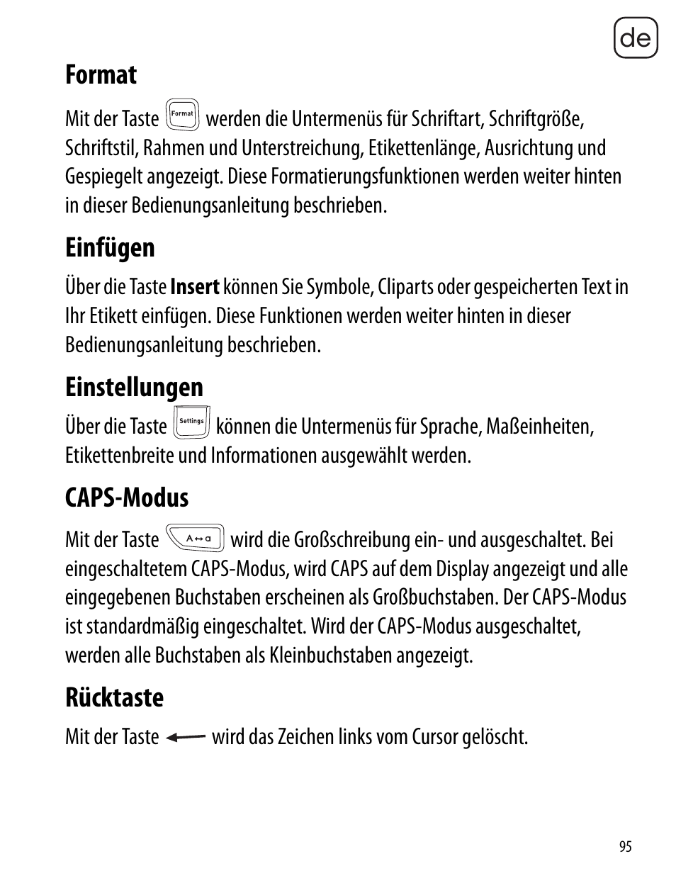 Format, Einfügen, Einstellungen | Caps-modus, Rücktaste, Format einfügen einstellungen caps-modus rücktaste | Dymo LabelManager 260P User Manual | Page 95 / 114