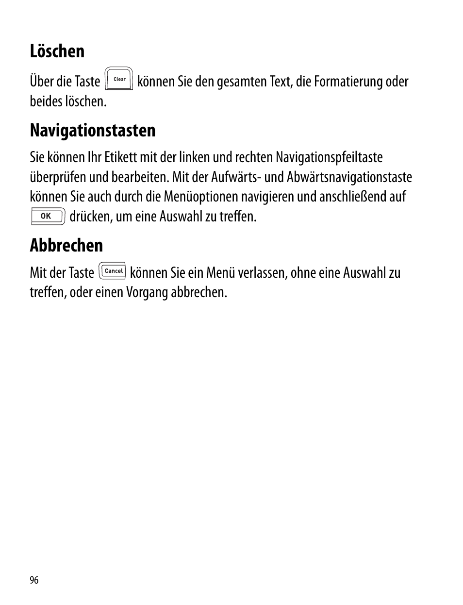 Löschen, Navigationstasten, Abbrechen | Löschen navigationstasten abbrechen | Dymo LabelManager 260P User Manual | Page 96 / 114