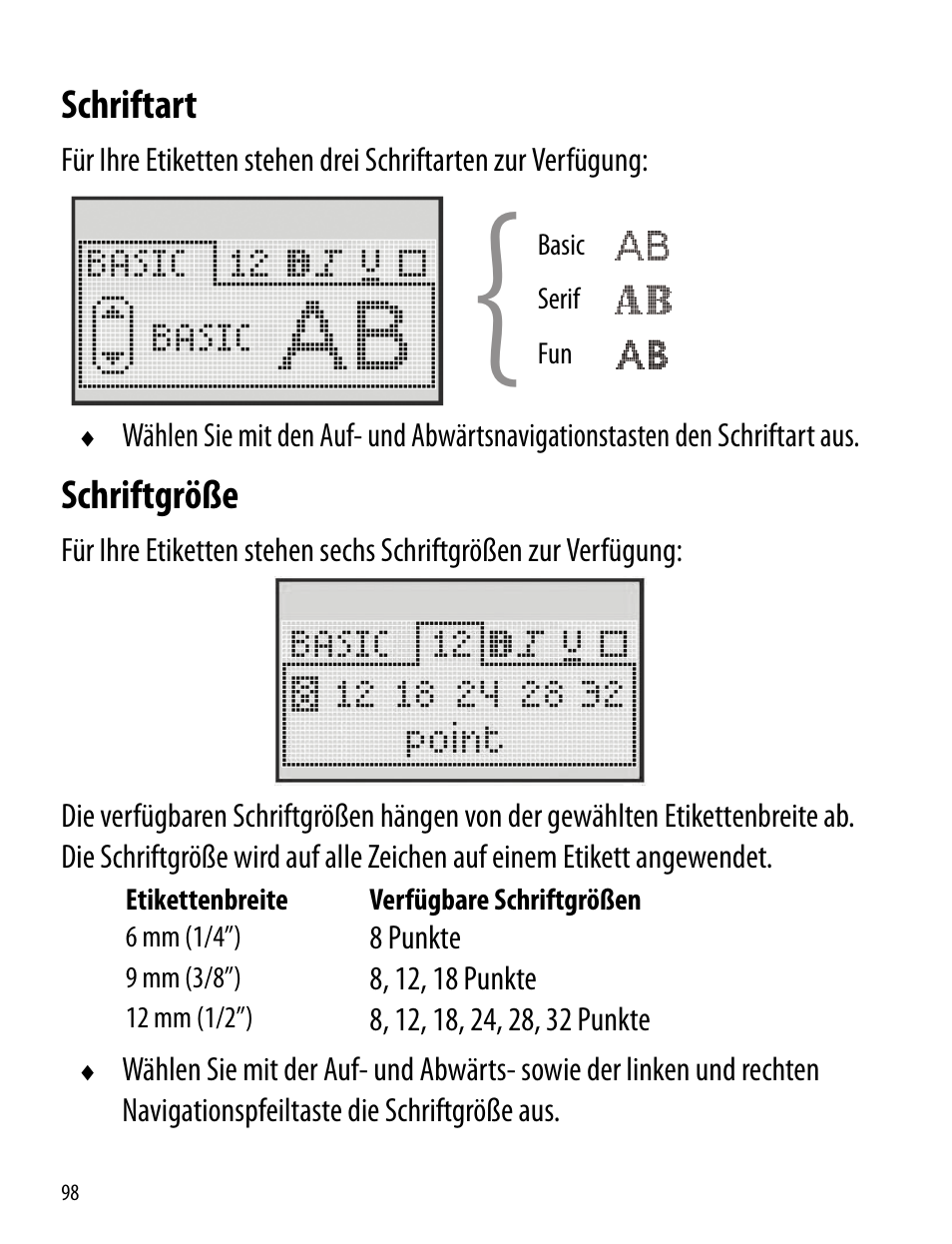 Schriftart, Schriftgröße, Schriftart schriftgröße | Dymo LabelManager 260P User Manual | Page 98 / 114