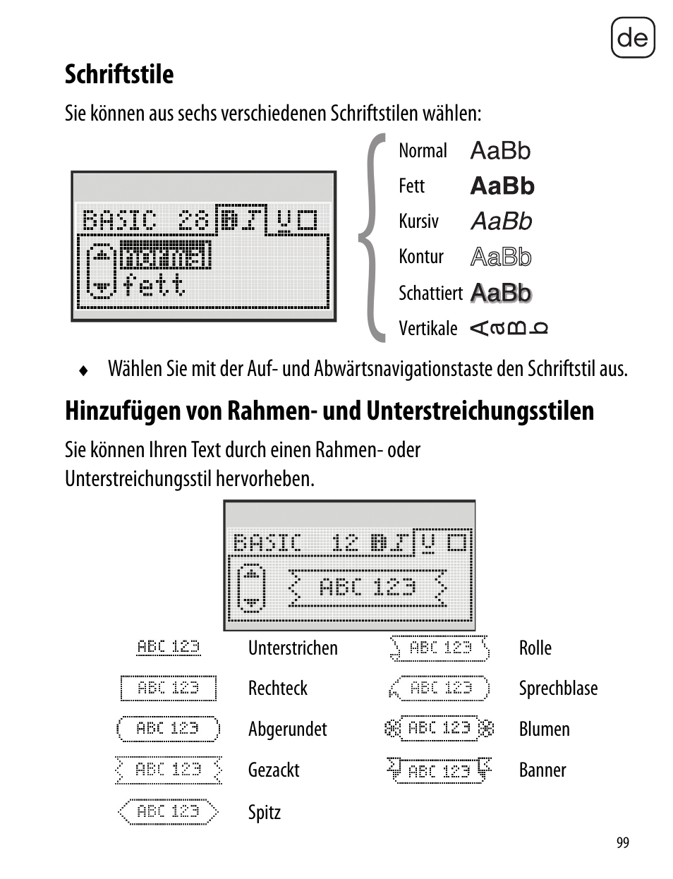 Schriftstile, Hinzufügen von rahmen- und unterstreichungsstilen | Dymo LabelManager 260P User Manual | Page 99 / 114