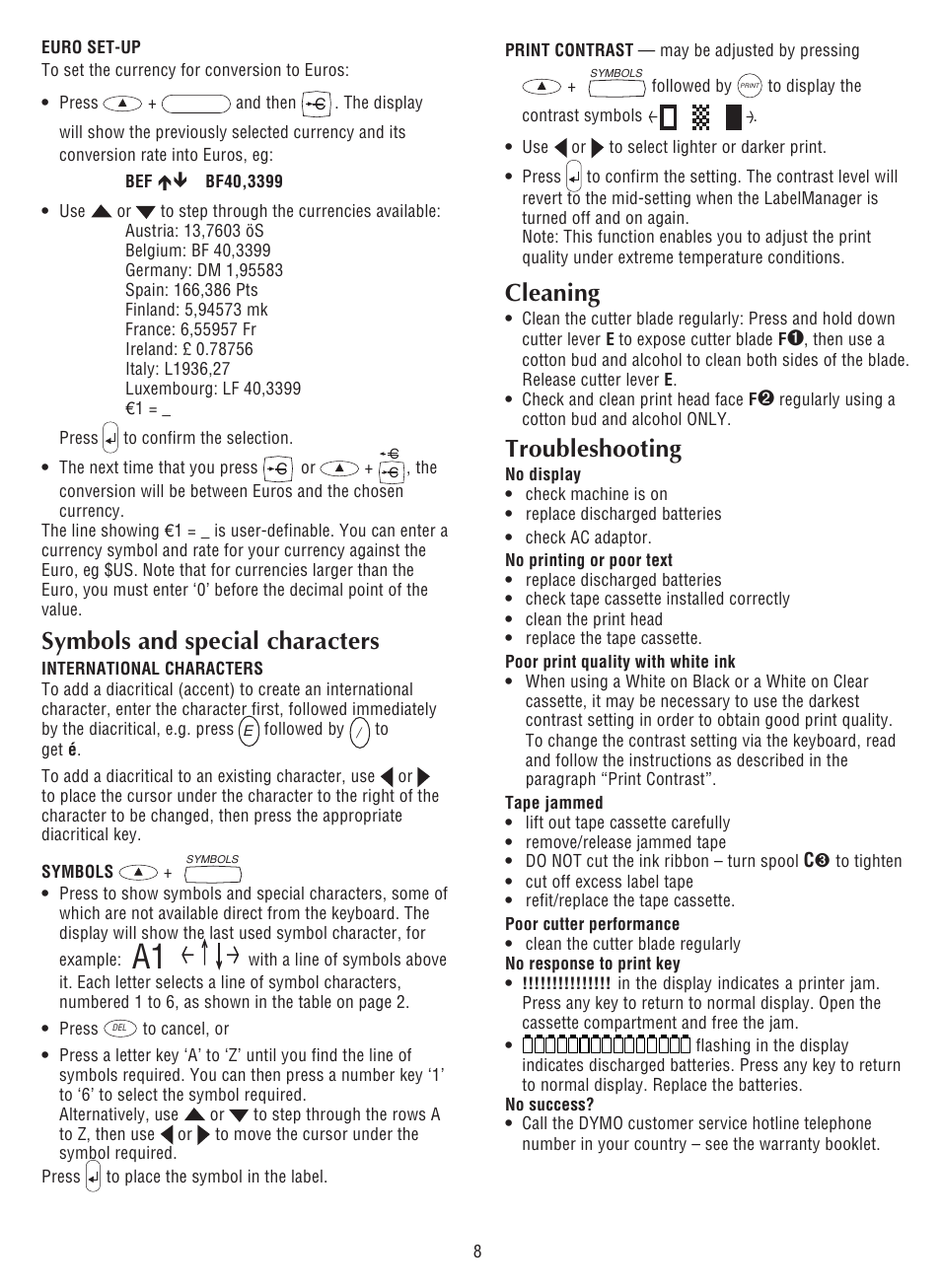 Symbols and special characters, Cleaning, Troubleshooting | Dymo LabelManager 300 User Manual | Page 12 / 12