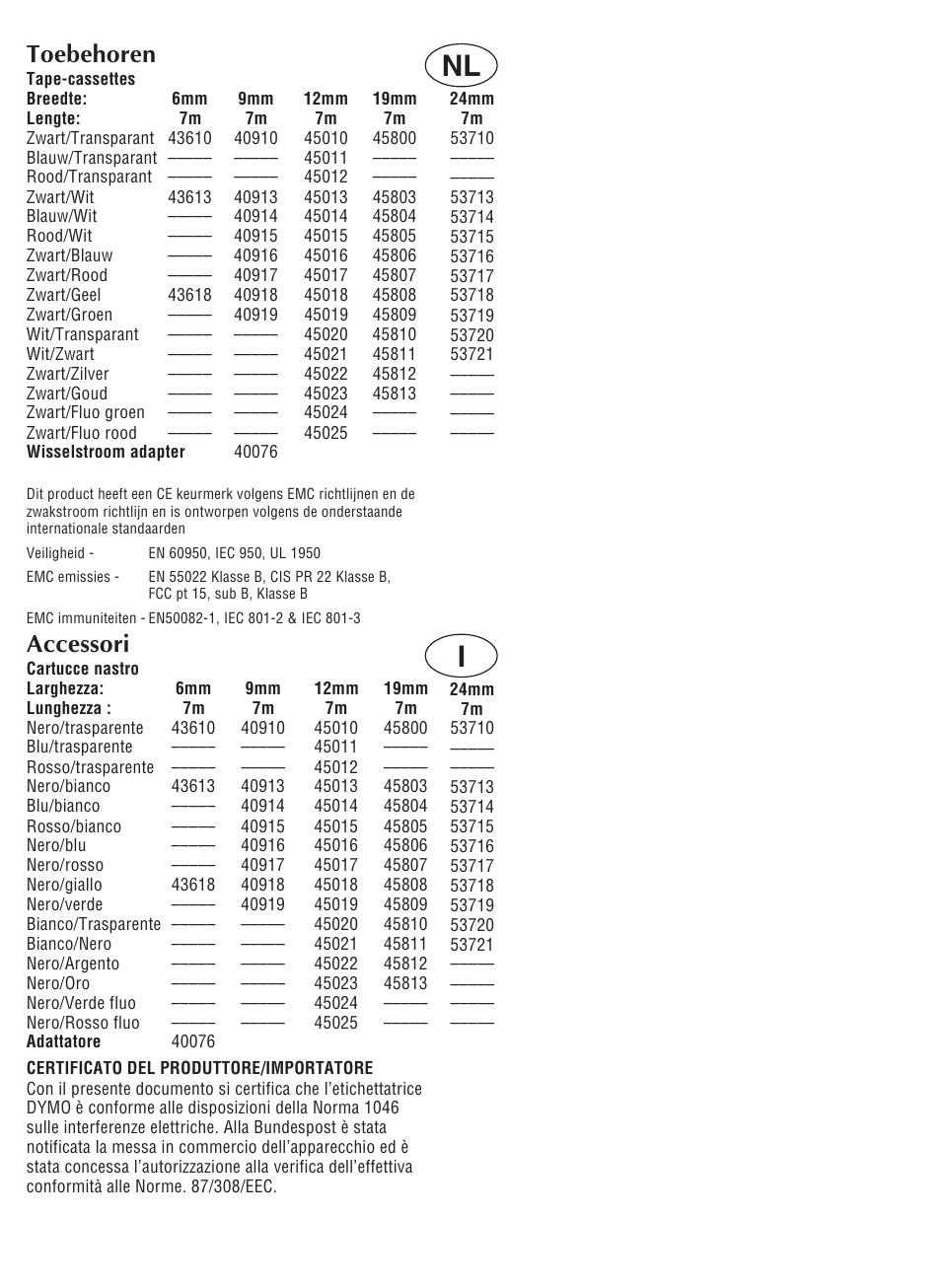 Nl i, Toebehoren, Accessori | Dymo LabelManager 300 User Manual | Page 3 / 12