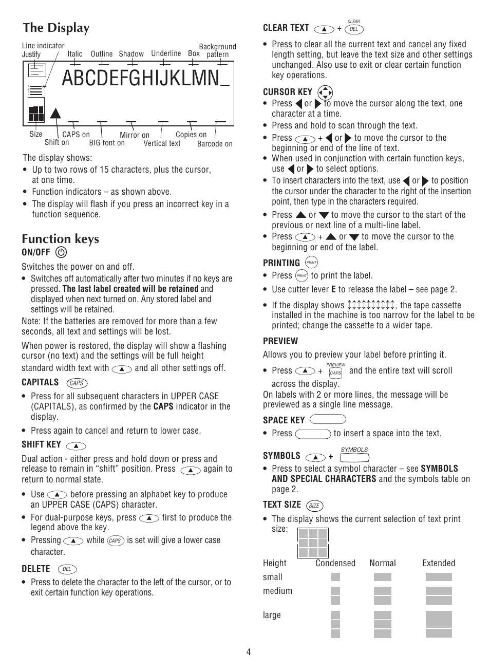 Abcdefghijklmn, The display, Function keys | Dymo LabelManager 300 User Manual | Page 8 / 12