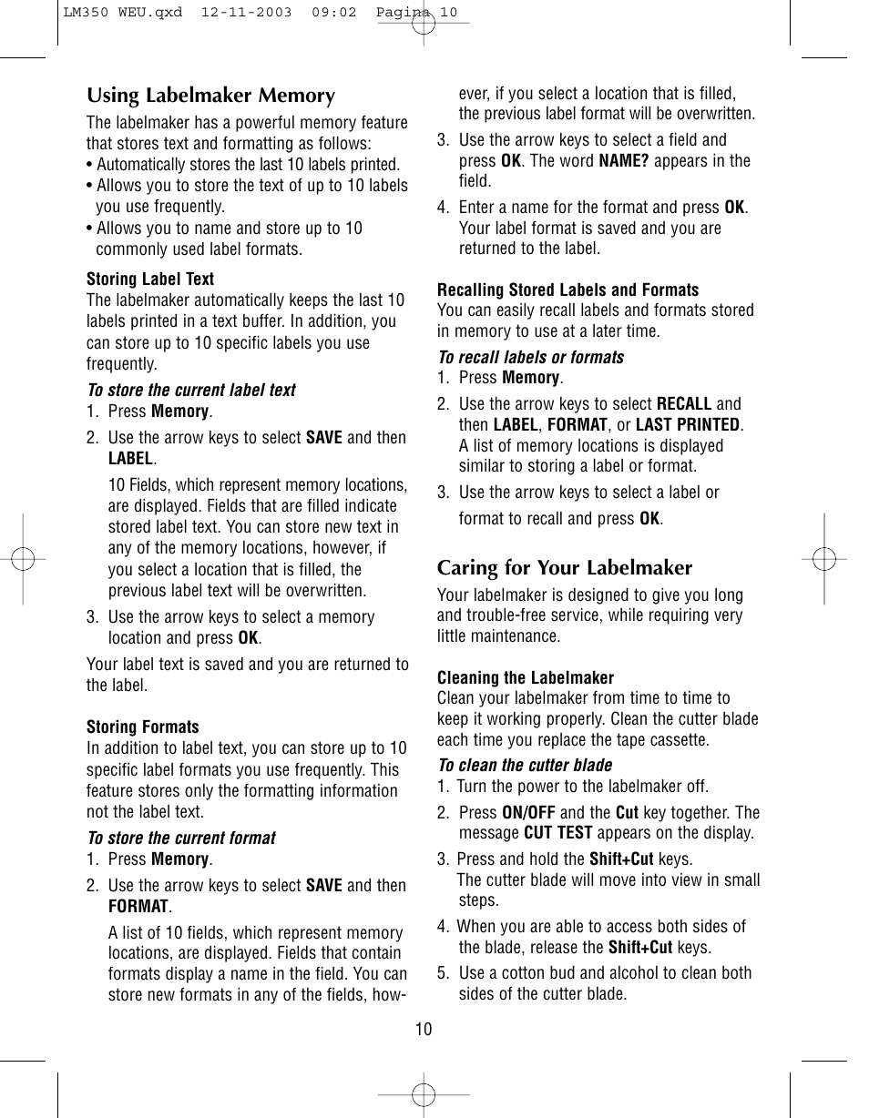 Caring for your labelmaker | Dymo LabelManager 350 User Manual | Page 10 / 13