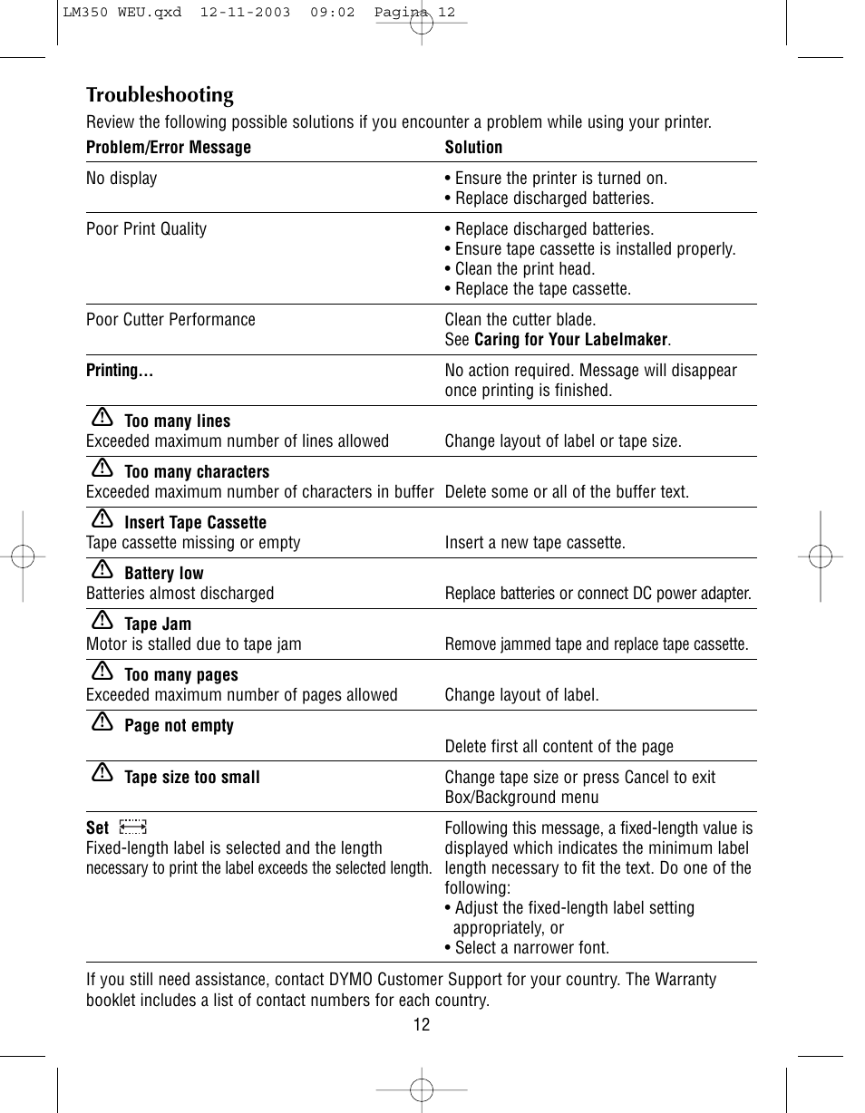 Troubleshooting | Dymo LabelManager 350 User Manual | Page 12 / 13