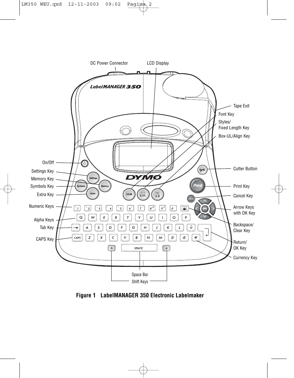 Figure 1 labelmanager 350 electronic labelmaker | Dymo LabelManager 350 User Manual | Page 2 / 13