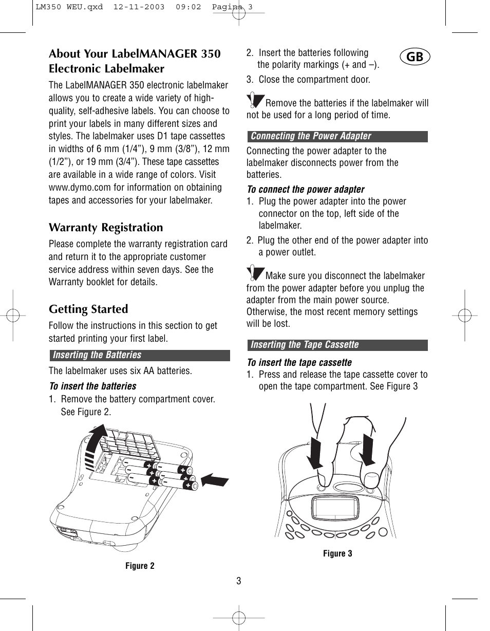 About your labelmanager 350 electronic labelmaker, Warranty registration, Getting started | Dymo LabelManager 350 User Manual | Page 3 / 13