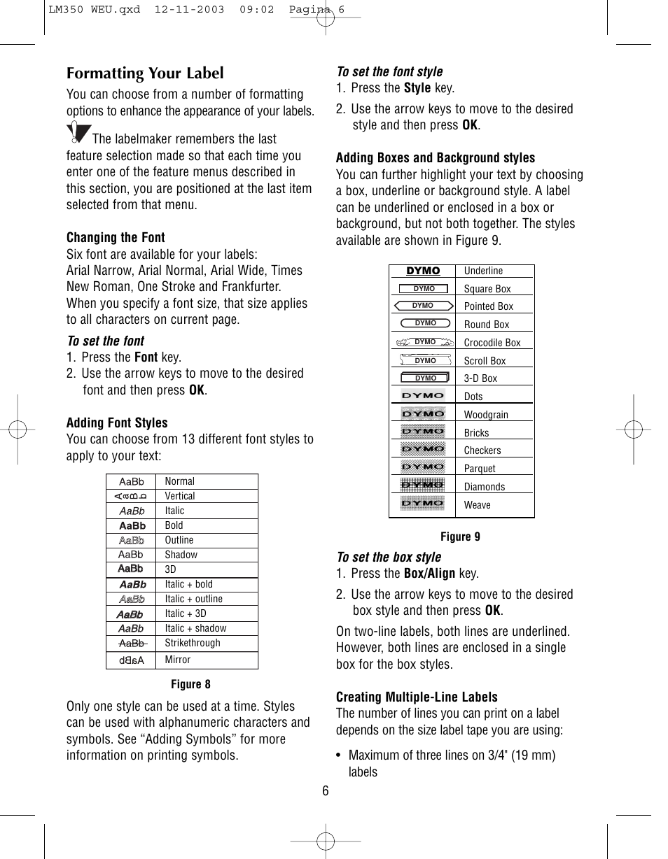 Formatting your label | Dymo LabelManager 350 User Manual | Page 6 / 13