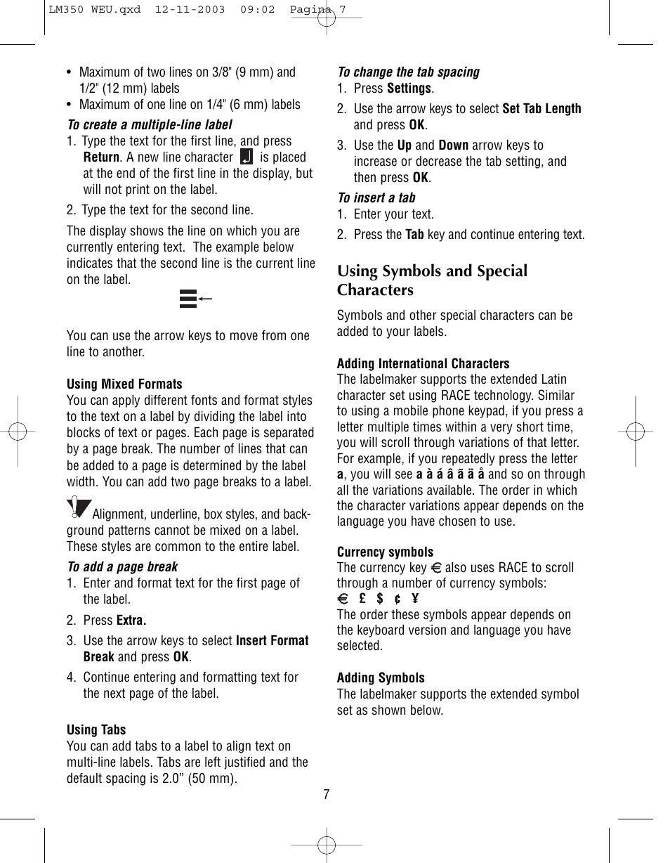 Using symbols and special characters | Dymo LabelManager 350 User Manual | Page 7 / 13