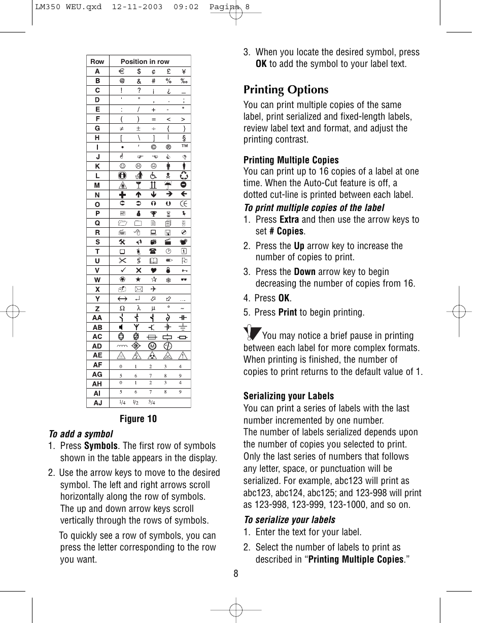 Printing options | Dymo LabelManager 350 User Manual | Page 8 / 13