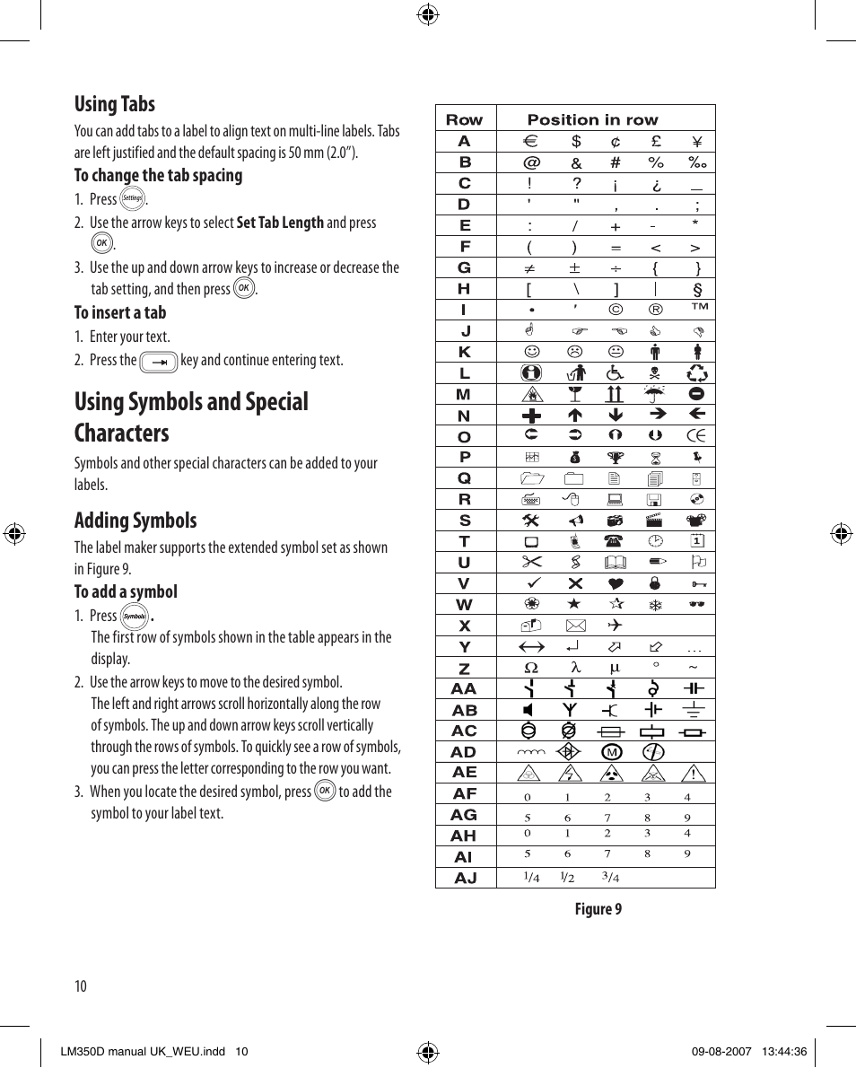 Using symbols and special characters, Using tabs, Adding symbols | Dymo LabelManager 350D User Manual | Page 10 / 20