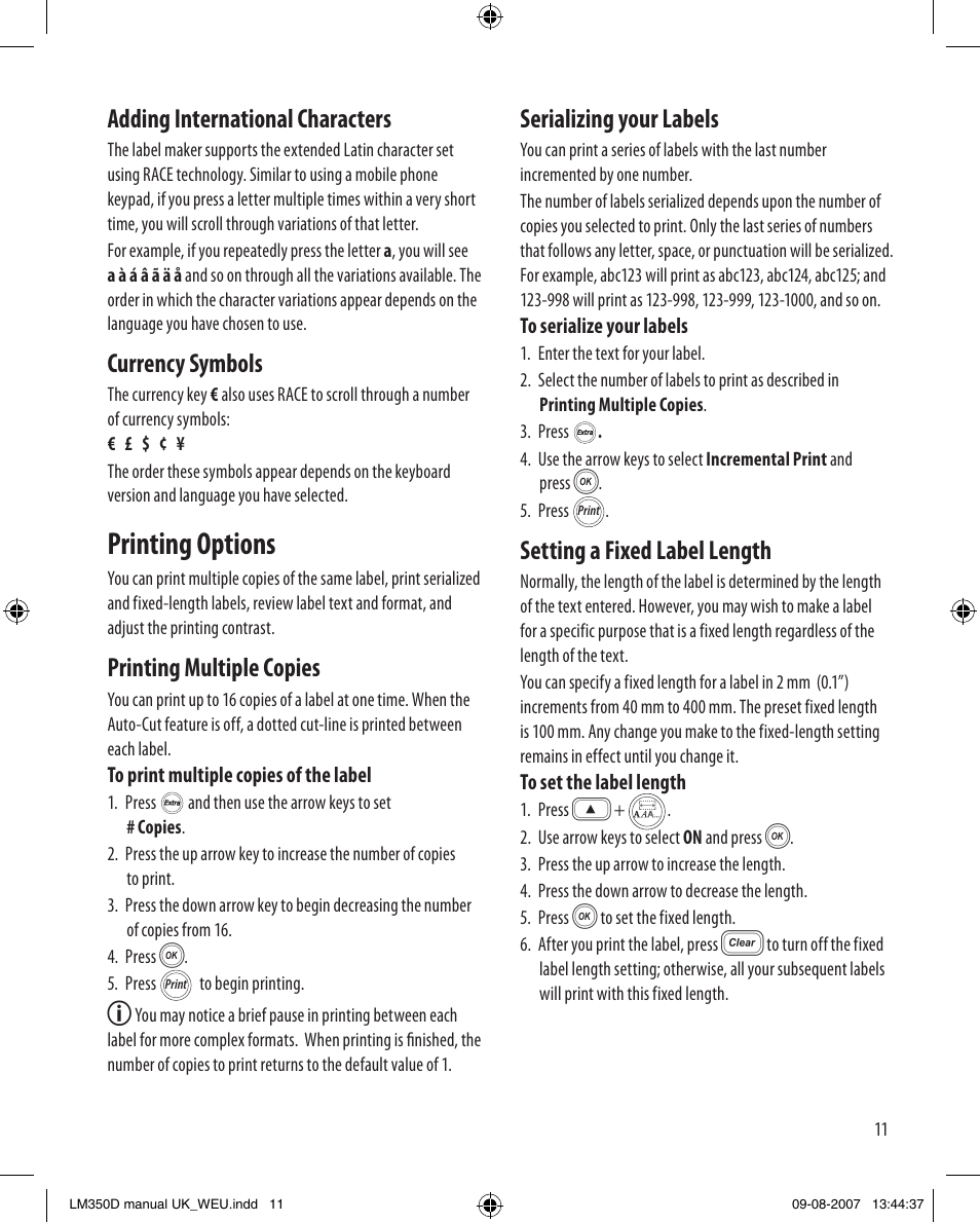 Printing options, Adding international characters, Currency symbols | Printing multiple copies, Serializing your labels, Setting a fixed label length | Dymo LabelManager 350D User Manual | Page 11 / 20