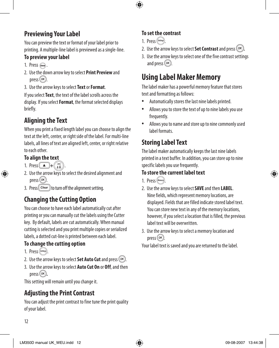 Previewing your label, Aligning the text, Changing the cutting option | Adjusting the print contrast, Storing label text | Dymo LabelManager 350D User Manual | Page 12 / 20